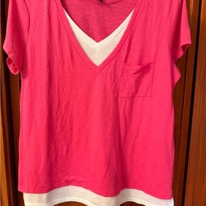 Style & Co. Fuchsia V-Neck Short Sleeve Pocket Tee with White Layered Hem
